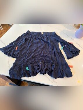 Surf Gypsy Navy Off-Shoulder Dress with Tassel Trim - Size S